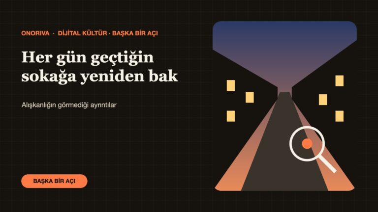 Perspektifle uzanan bir sokak, binalar ve büyüteçle bakılan bir ayrıntı illüstrasyonu