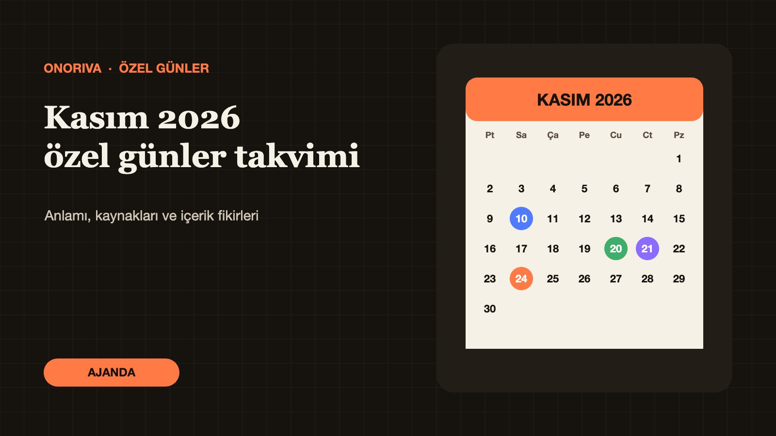 Kasım 2026 takvimi üzerinde işaretlenmiş özel günler illüstrasyonu