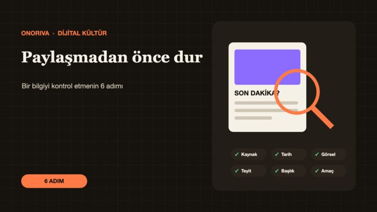 Büyüteç altında incelenen bir haber kartı ve altı adımlı kontrol listesi illüstrasyonu